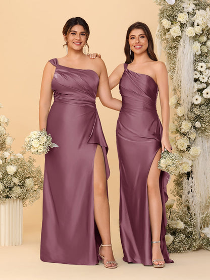 Sheath/Column One-Shoulder Sleeveless Split Side Bridesmaid Dresses with Ruffles