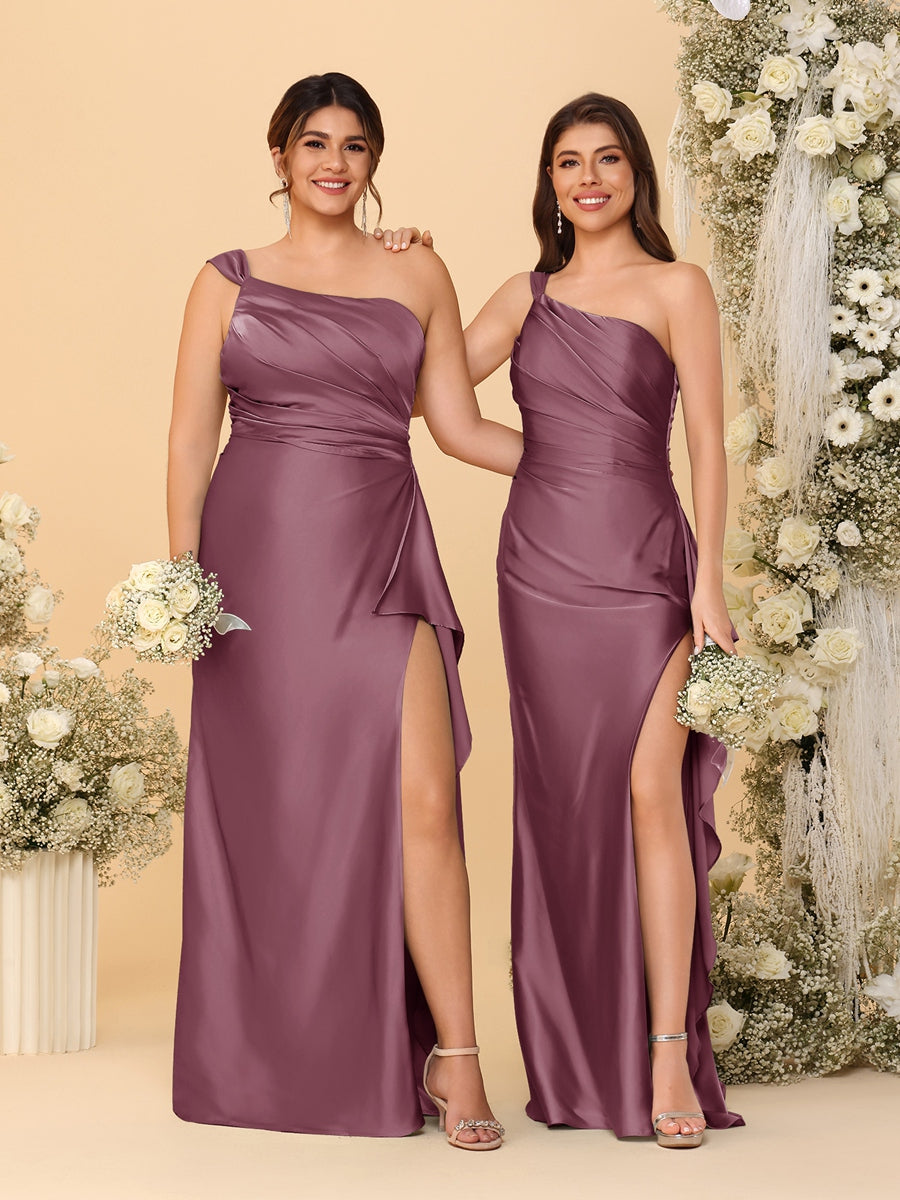 Sheath/Column One-Shoulder Sleeveless Split Side Bridesmaid Dresses with Ruffles