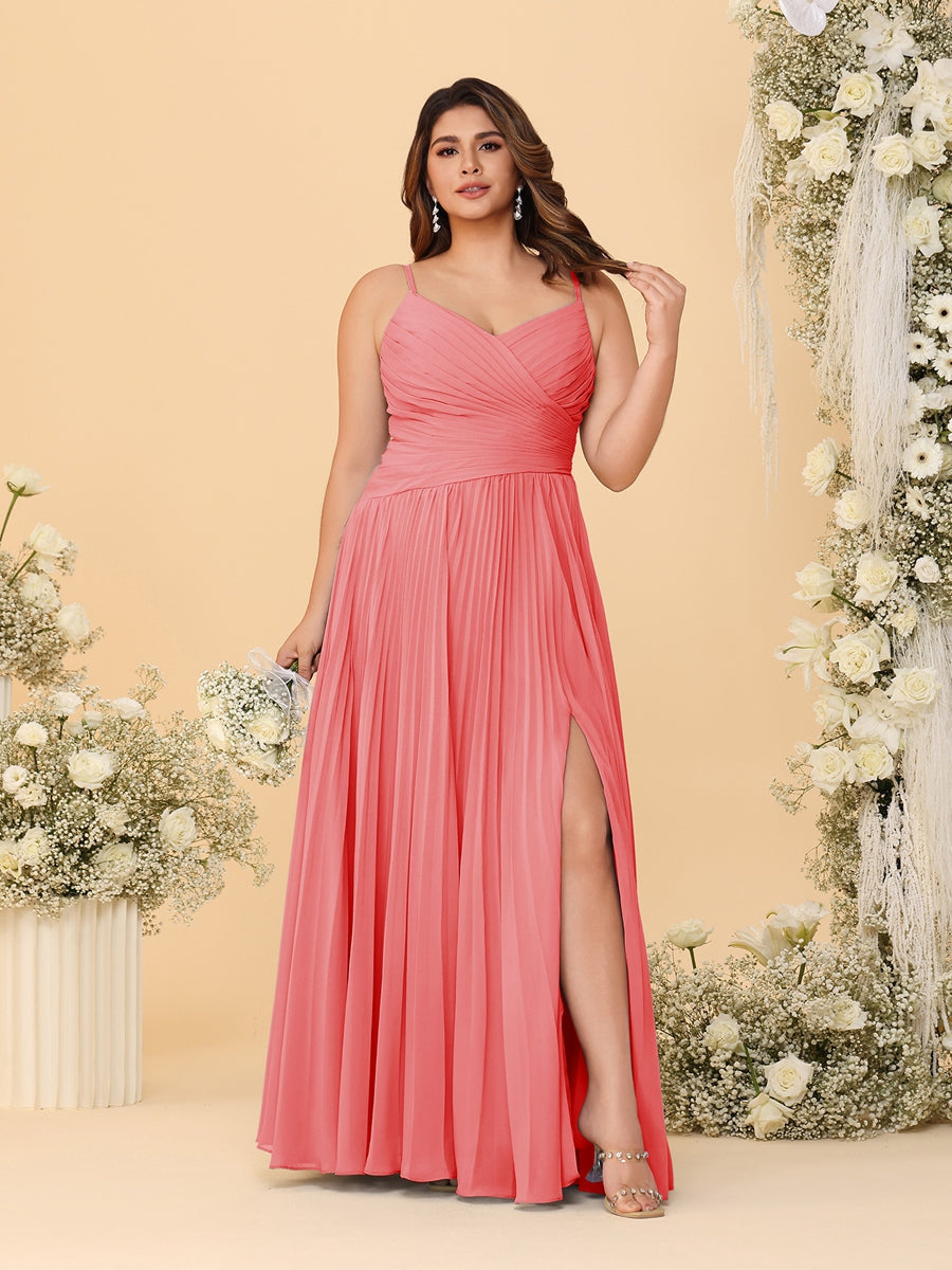 A-Line/Princess Spaghetti Straps Sleeveless Ruched Bridesmaid Dresses with Side Slit