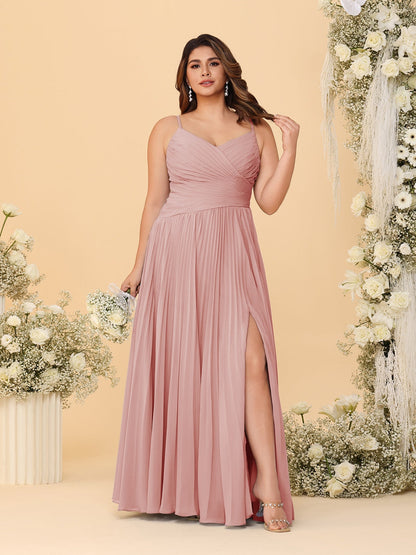 A-Line/Princess Spaghetti Straps Sleeveless Ruched Bridesmaid Dresses with Side Slit