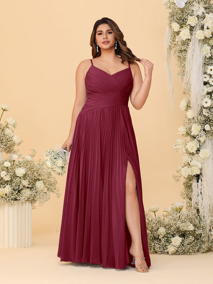 A-Line/Princess Spaghetti Straps Sleeveless Ruched Bridesmaid Dresses with Side Slit