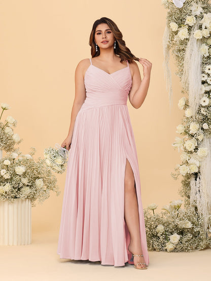 A-Line/Princess Spaghetti Straps Sleeveless Ruched Bridesmaid Dresses with Side Slit