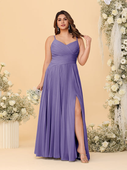 A-Line/Princess Spaghetti Straps Sleeveless Ruched Bridesmaid Dresses with Side Slit