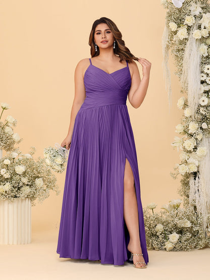 A-Line/Princess Spaghetti Straps Sleeveless Ruched Bridesmaid Dresses with Side Slit