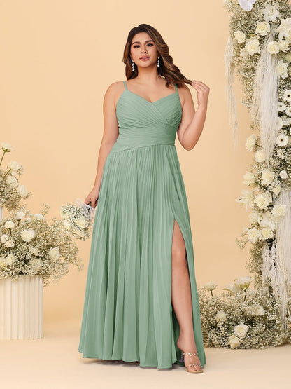 A-Line/Princess Spaghetti Straps Sleeveless Ruched Bridesmaid Dresses with Side Slit
