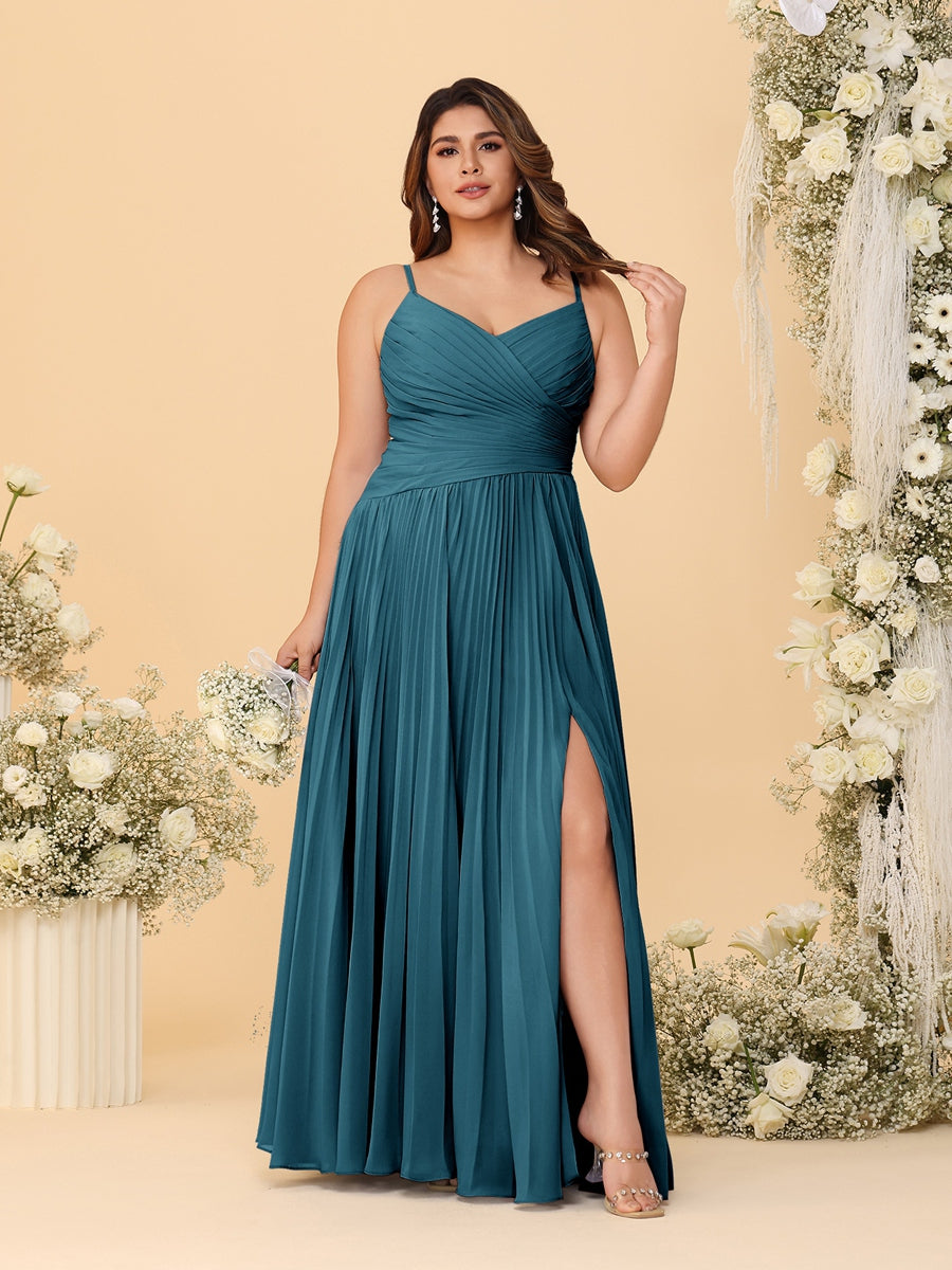 A-Line/Princess Spaghetti Straps Sleeveless Ruched Bridesmaid Dresses with Side Slit