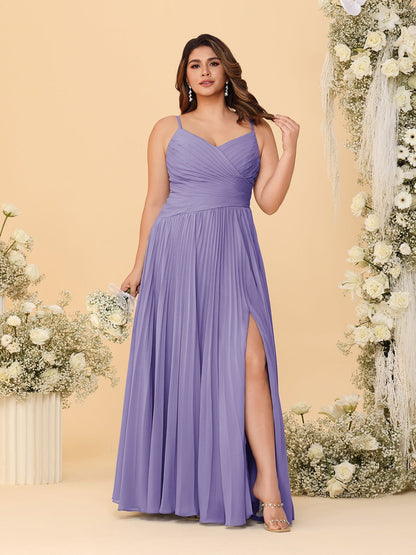 A-Line/Princess Spaghetti Straps Sleeveless Ruched Bridesmaid Dresses with Side Slit