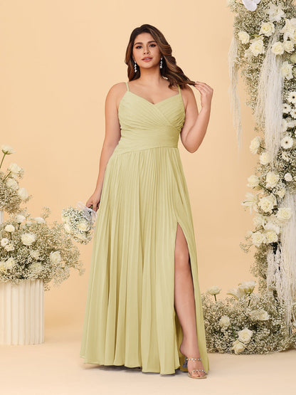 A-Line/Princess Spaghetti Straps Sleeveless Ruched Bridesmaid Dresses with Side Slit