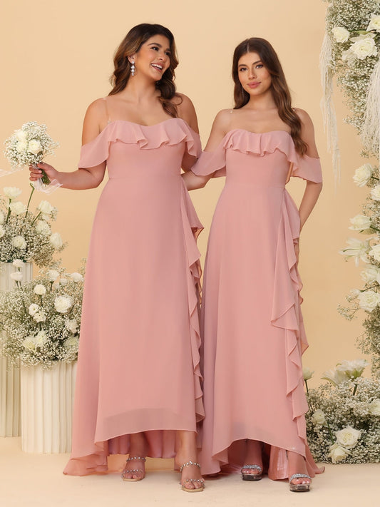 A-Line/Princess Off-the-Shoulder Spaghetti Straps Sleeveless Bridesmaid Dresses with Ruffles