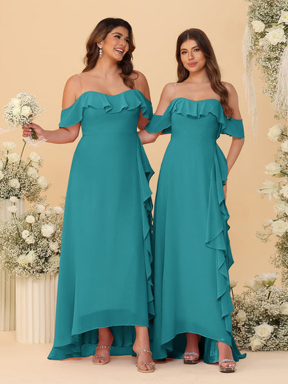 A-Line/Princess Off-the-Shoulder Spaghetti Straps Sleeveless Bridesmaid Dresses with Ruffles