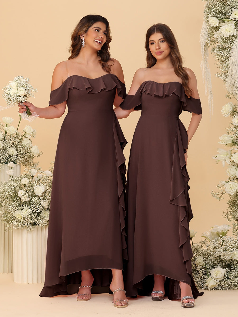 A-Line/Princess Off-the-Shoulder Spaghetti Straps Sleeveless Bridesmaid Dresses with Ruffles