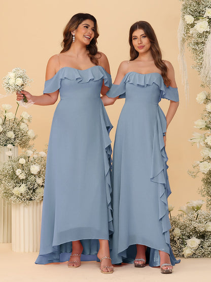 A-Line/Princess Off-the-Shoulder Spaghetti Straps Sleeveless Bridesmaid Dresses with Ruffles