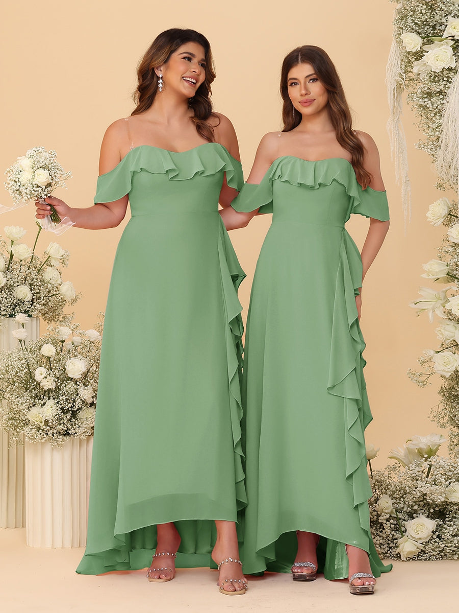 A-Line/Princess Off-the-Shoulder Spaghetti Straps Sleeveless Bridesmaid Dresses with Ruffles