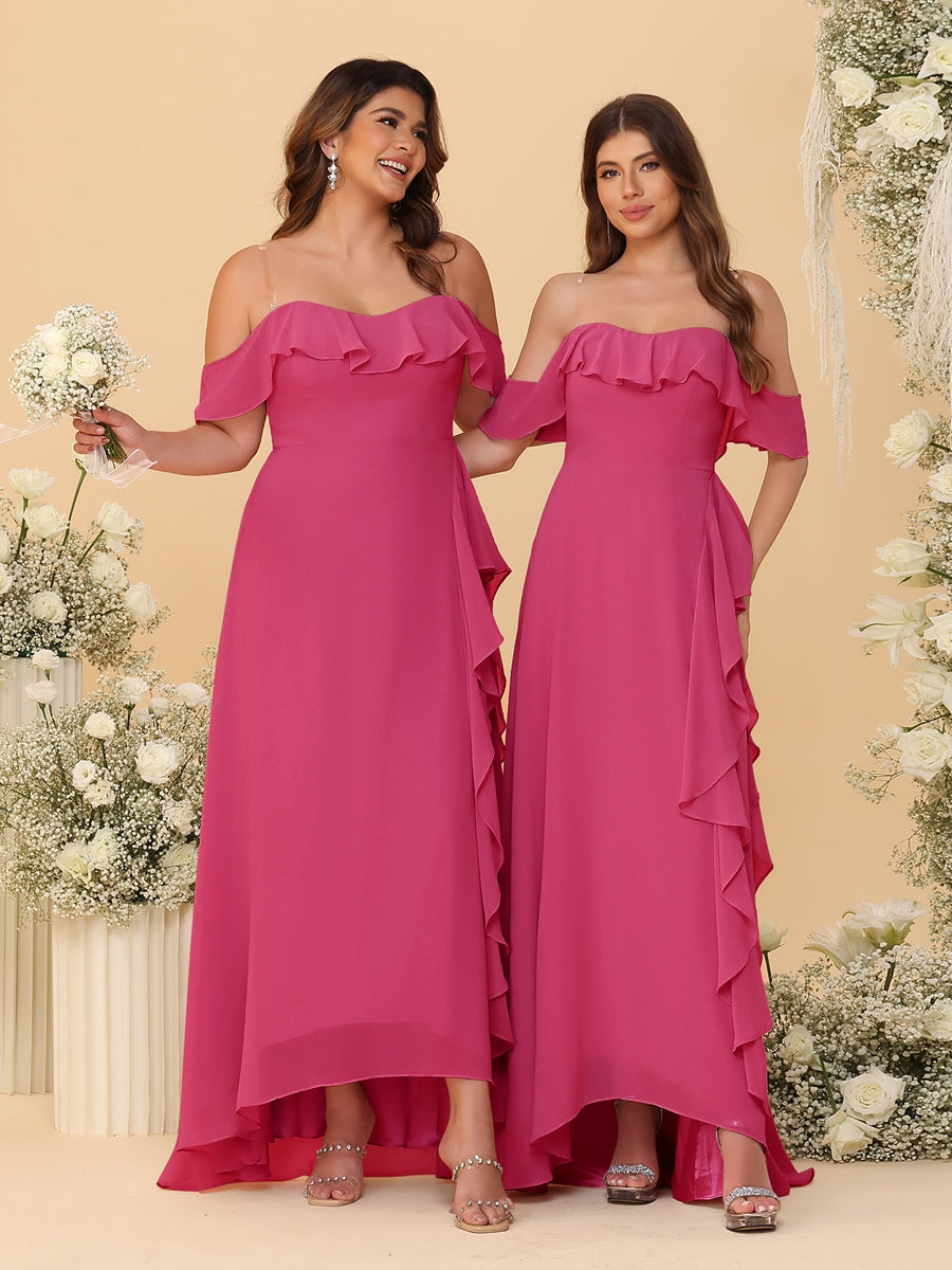 A-Line/Princess Off-the-Shoulder Spaghetti Straps Sleeveless Bridesmaid Dresses with Ruffles