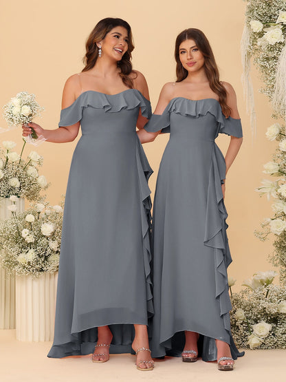 A-Line/Princess Off-the-Shoulder Spaghetti Straps Sleeveless Bridesmaid Dresses with Ruffles