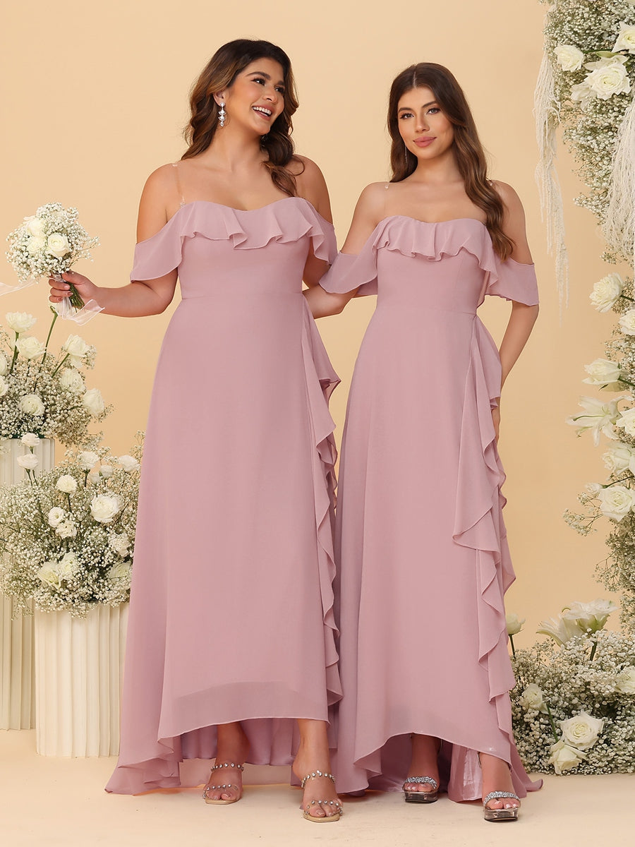 A-Line/Princess Off-the-Shoulder Spaghetti Straps Sleeveless Bridesmaid Dresses with Ruffles