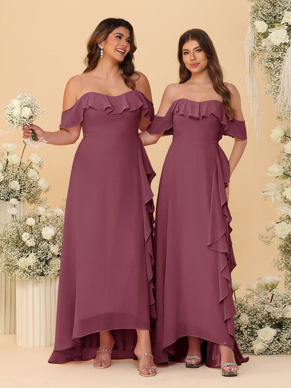 A-Line/Princess Off-the-Shoulder Spaghetti Straps Sleeveless Bridesmaid Dresses with Ruffles