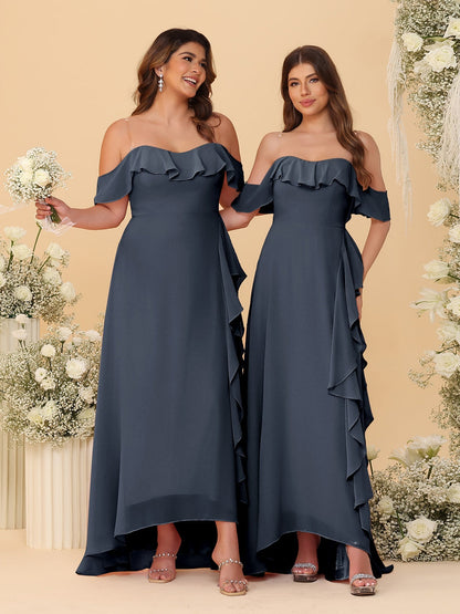 A-Line/Princess Off-the-Shoulder Spaghetti Straps Sleeveless Bridesmaid Dresses with Ruffles