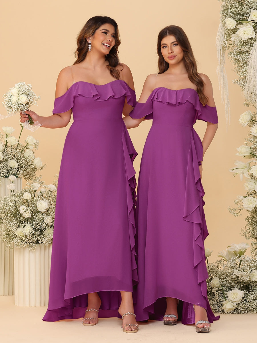 A-Line/Princess Off-the-Shoulder Spaghetti Straps Sleeveless Bridesmaid Dresses with Ruffles