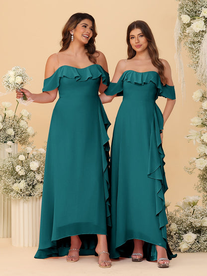 A-Line/Princess Off-the-Shoulder Spaghetti Straps Sleeveless Bridesmaid Dresses with Ruffles