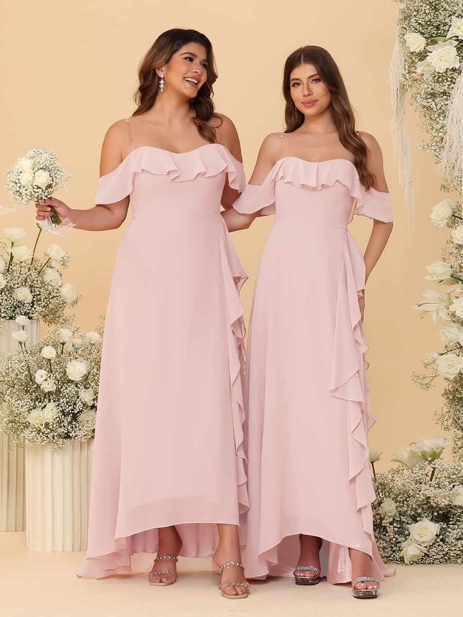 A-Line/Princess Off-the-Shoulder Spaghetti Straps Sleeveless Bridesmaid Dresses with Ruffles