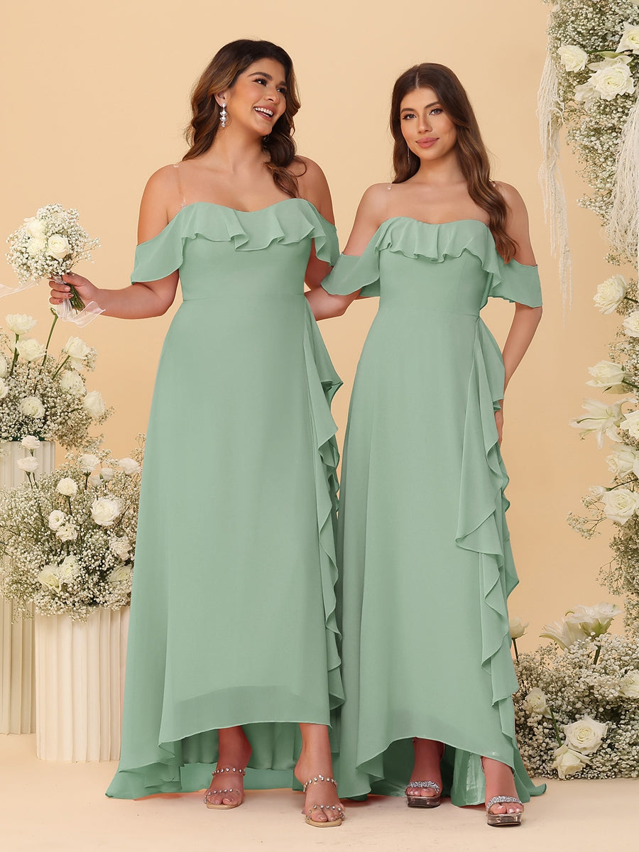A-Line/Princess Off-the-Shoulder Spaghetti Straps Sleeveless Bridesmaid Dresses with Ruffles