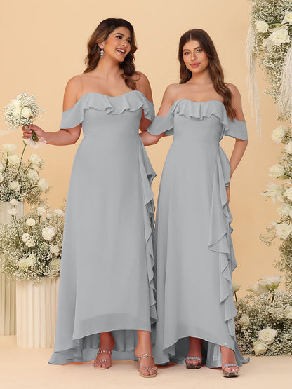 A-Line/Princess Off-the-Shoulder Spaghetti Straps Sleeveless Bridesmaid Dresses with Ruffles