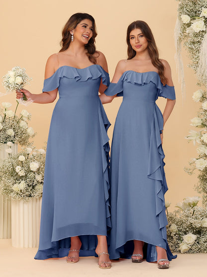 A-Line/Princess Off-the-Shoulder Spaghetti Straps Sleeveless Bridesmaid Dresses with Ruffles