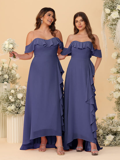 A-Line/Princess Off-the-Shoulder Spaghetti Straps Sleeveless Bridesmaid Dresses with Ruffles