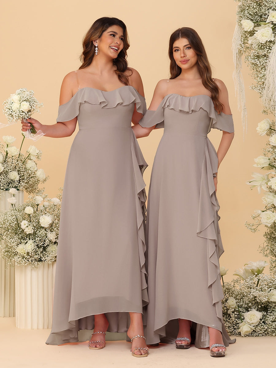 A-Line/Princess Off-the-Shoulder Spaghetti Straps Sleeveless Bridesmaid Dresses with Ruffles
