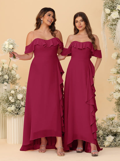 A-Line/Princess Off-the-Shoulder Spaghetti Straps Sleeveless Bridesmaid Dresses with Ruffles
