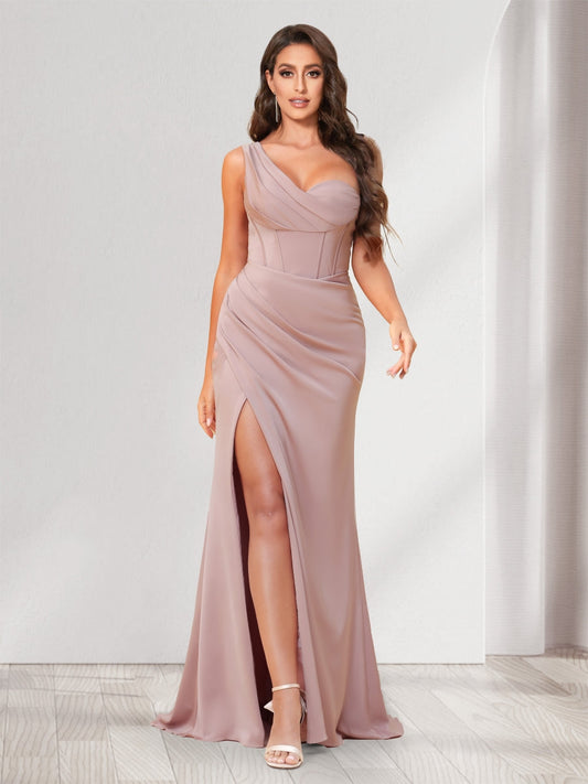 Trumpet/Mermaid One Shoulder Floor Length Ruched Bridesmaid Dresses with Split Side