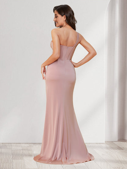 Trumpet/Mermaid One Shoulder Floor Length Ruched Bridesmaid Dresses with Split Side