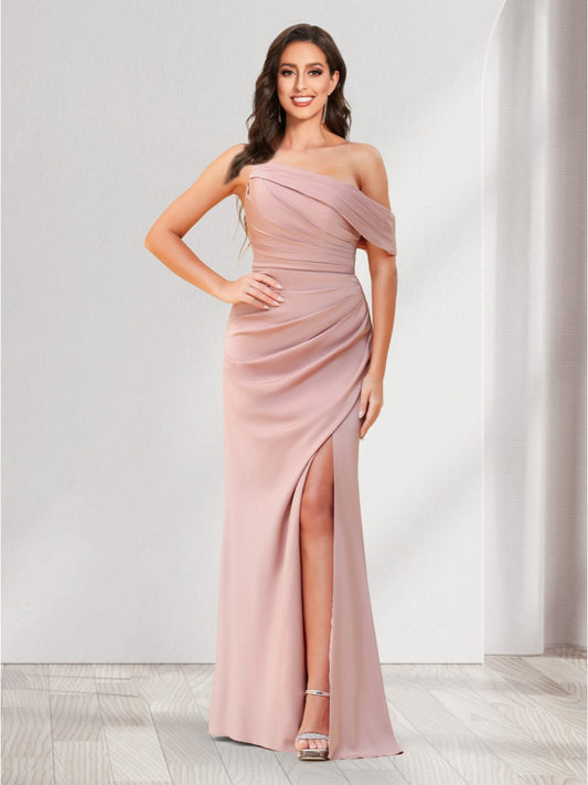 Sheath/Column One-Shoulder Floor-Length Ruched Bridesmaid Dresses with Split Side