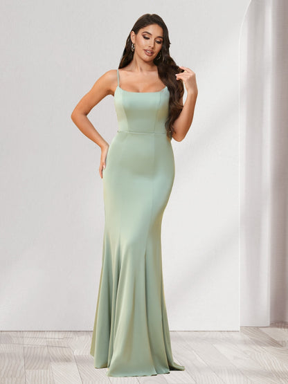 Trumpet/Mermaid Spaghetti Straps Floor-Length Bridesmaid Dresses With Bowknot & Ruffles