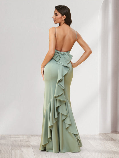 Trumpet/Mermaid Spaghetti Straps Floor-Length Bridesmaid Dresses With Bowknot & Ruffles