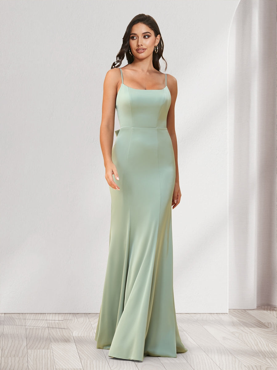 Trumpet/Mermaid Spaghetti Straps Floor-Length Bridesmaid Dresses With Bowknot & Ruffles