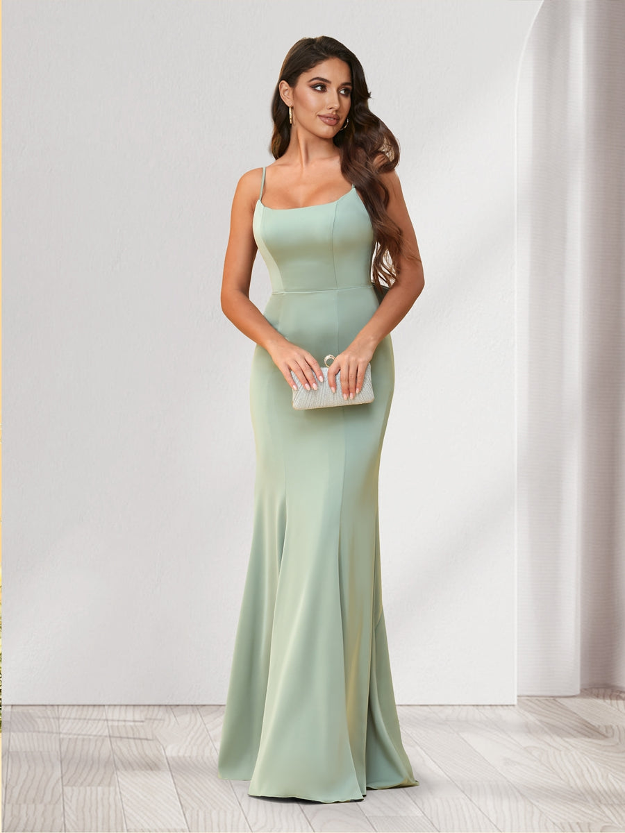 Trumpet/Mermaid Spaghetti Straps Floor-Length Bridesmaid Dresses With Bowknot & Ruffles