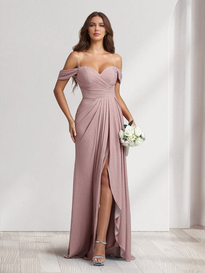 A-Line/Princess Off-the-Shoulder Floor-Length Ruched Bridesmaid Dresses With Ruffles & Split Side
