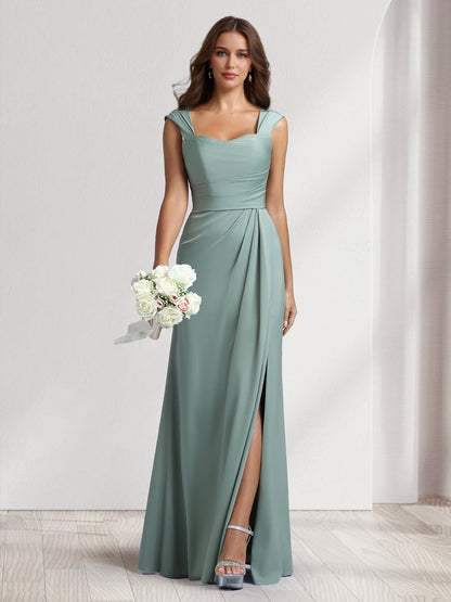 Sheath/Column Square Neck Long Ruched Bridesmaid Dresses with Split Side