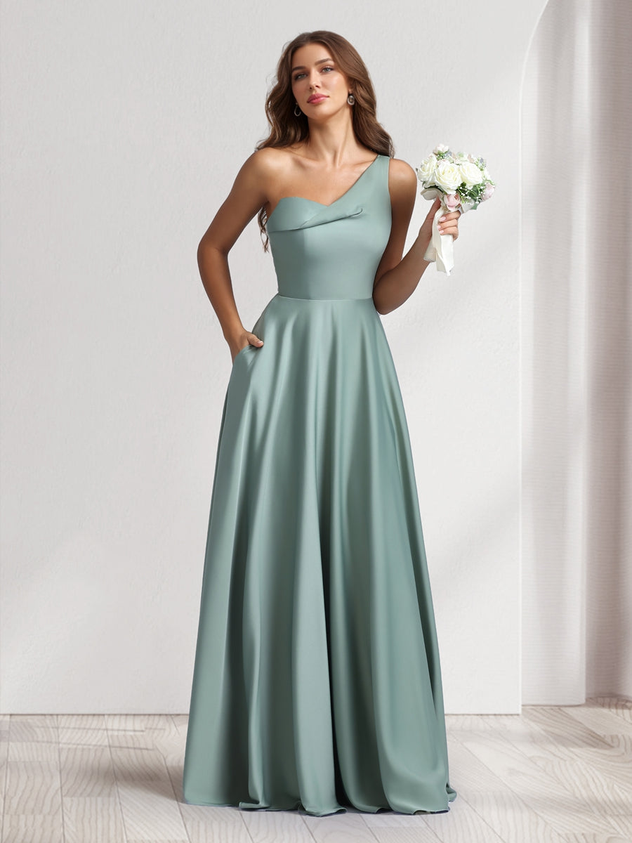 A-Line/Princess One-Shoulder Floor-Length Bridesmaid Dresses With Pockets