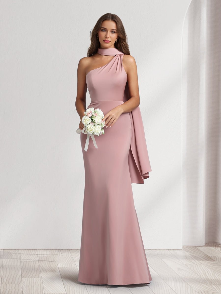 Sheath/Column Halter Maxi Dresses Long Bridesmaid Dresses with Neck Scarf