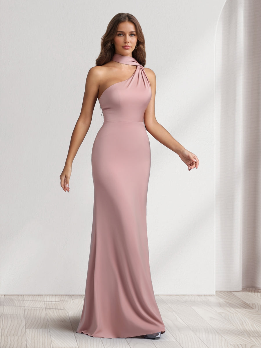 Sheath/Column Halter Maxi Dresses Long Bridesmaid Dresses with Neck Scarf