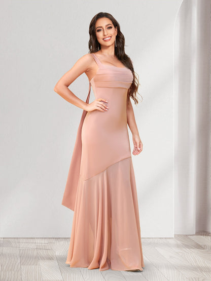 Trumpet/Mermaid Square Neck Floor-Length Ruched Bridesmaid Dresses With Shoulder Sash Tie