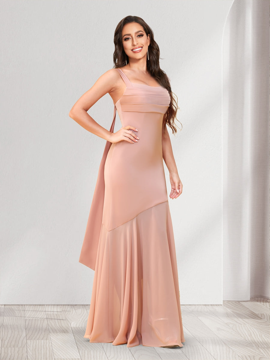 Trumpet/Mermaid Square Neck Floor-Length Ruched Bridesmaid Dresses With Shoulder Sash Tie