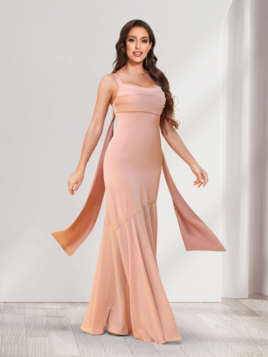 Trumpet/Mermaid Square Neck Floor-Length Ruched Bridesmaid Dresses With Shoulder Sash Tie