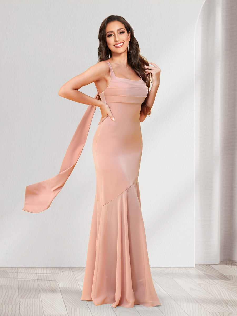 Trumpet/Mermaid Square Neck Floor-Length Ruched Bridesmaid Dresses With Shoulder Sash Tie