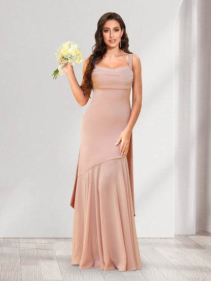 Trumpet/Mermaid Square Neck Floor-Length Ruched Bridesmaid Dresses With Shoulder Sash Tie