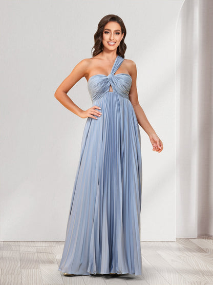 A-Line/Princess One-Shoulder Floor-Length Bridesmaid Dresses With Pleats