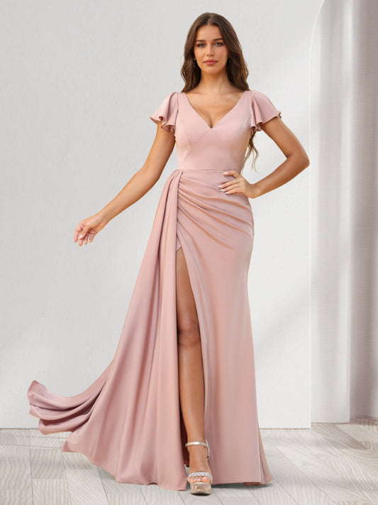 Sheath/Column V-Neck Floor-Length Ruched Bridesmaid Dresses With Ruffles & Split Side